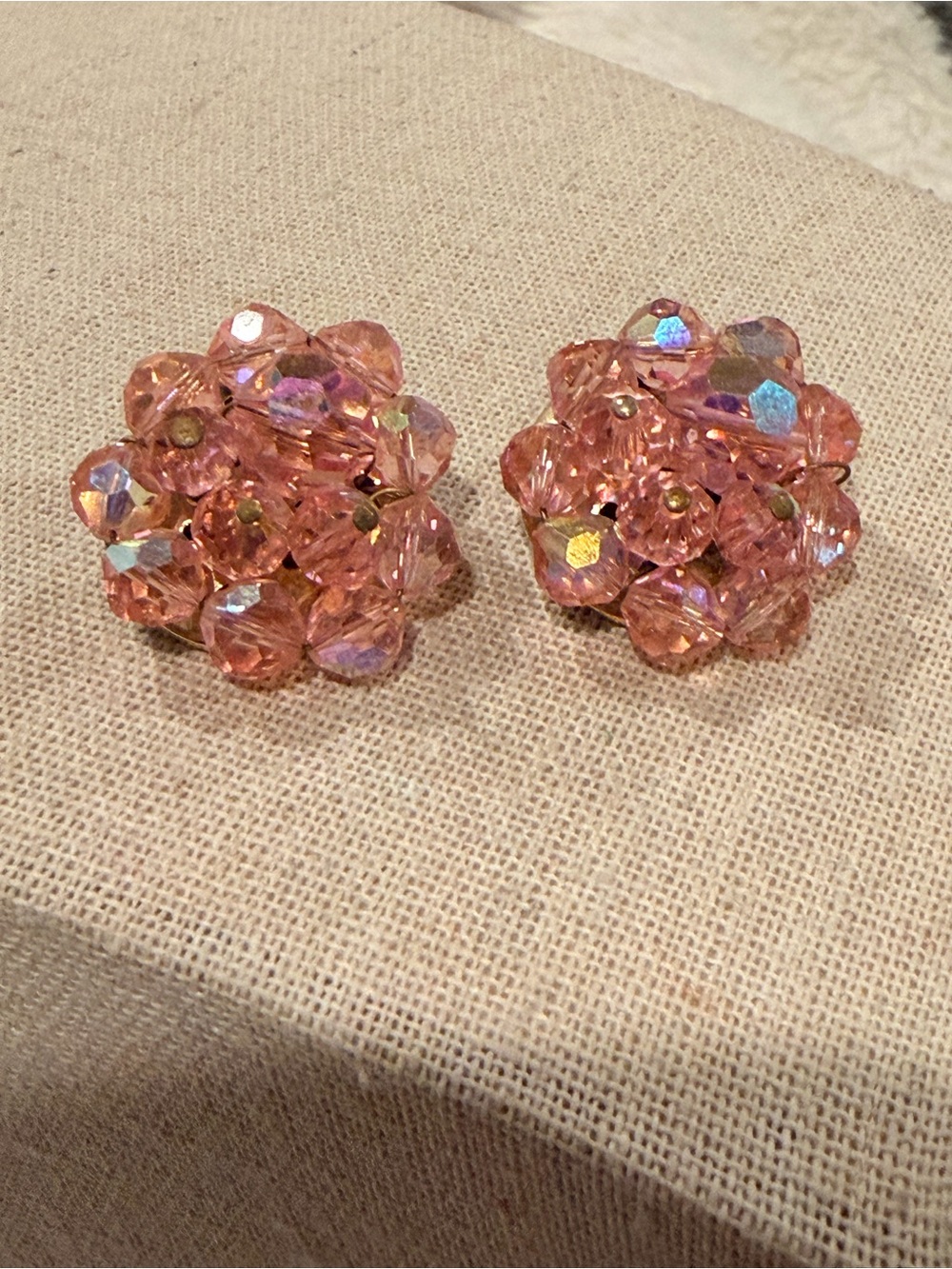 Vintage Pink Crystal AB Cluster Clip Earrings